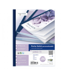 Porta listini a 180 buste in PP buccia arancia, con copertina e retro personalizzabili. Dorso blu. Il perfetto allineamento delle buste e la particolare saldatura facilitano la consultazione. Formato contenuto 220x300mm.