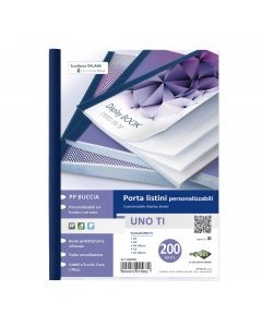 Porta listini a 200 buste in PP buccia arancia, con copertina e retro personalizzabili. Dorso blu. Il perfetto allineamento delle buste e la particolare saldatura facilitano la consultazione. Formato contenuto 220x300mm.