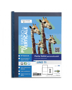 Portalistini personalizzabile a 24 buste in PP buccia, con copertina e retro personalizzabili. Dorso blu. Il perfetto allineamento delle buste e la particolare saldatura facilitano la consultazione. Ideali per archiviare disegni, fotografie, stampe, poste