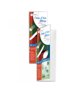 Porta menu in PVC con copertina personalizzabile. Ideali per ristoranti, pizzerie, pubs, hotels. Formato contenuto: 110x300mm.