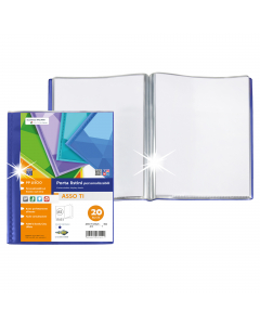 Porta listini A5 a 20 buste in PP liscio, con copertina e retro personalizzabili. Dorso blu. Il perfetto allineamento delle buste e la particolare saldatura facilitano la consultazione. Formato contenuto 150x210mm. Ideale per menù, libretti dei canti etc.