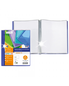 Porta listini A5 a 80 buste in PP liscio, con copertina e retro personalizzabili. Dorso blu. Il perfetto allineamento delle buste e la particolare saldatura facilitano la consultazione. Formato contenuto 150x210mm. Ideale per menù, libretti dei canti etc.