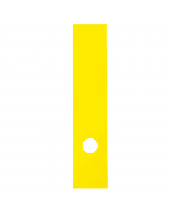 Copridorso in morbido PVC, autoadesivo e in tinta unita. Dotato di foro adattabile a qualsiasi registratore. Retro adesivo coprente. Formato 70x345 mm. Colore giallo brillante.