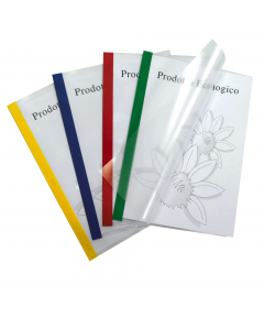 Cartelline in PP buccia, altissimo spessore, con dorsino colorato scrivibile. Di facile utilizzo consentono rilegature rapide con semplici punti metallici. Ideali per presentazioni ed offerte con un massimo di 30 fogli. Formato esterno: 215x310mm. Formato