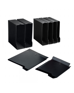 Custodia montabile in Colpan® (cartone rivestito in PVC) adatta a contenere i raccoglitori Sei Rota A4 con anelli da 40 mm. Protegge da polvere e umidità, si fissa in un attimo tramite bottone. Colore: nero. Formato esterno: 285x320 mm. Formato contenuto: