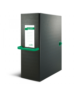 Cartelle in Colpan® nero (cartone rivestito in PVC) con chiusura a tre lembi. Maniglia in plastica verde. Occhiello e bottoni automatici in metallo nel colore della maniglia. Etichetta intercambiabile colorata. Adatte per l'archiviazione e il trasporto di