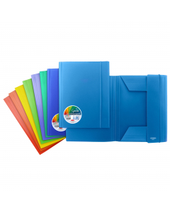 Cartelle a 3 lembi in PP opaco colorato con elastico tondo in tinta. Dorso piatto. Ideali per archiviare documenti di ogni genere, sono resistenti all'acqua e interamente riciclabili. Disponibili in 9 colori.
