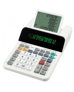 12 cifre, fluorescente display, combinazione di un display a 12 cifre con uno LCD a 5 righe, calcolatrice unica, allimentazione con batterie, combinazione calcolatrice scrivente ed una da tavolo senza rotole di carte. Funzione contatore di oggetti, funzio