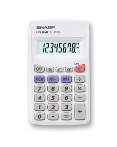 Ampio display 8 cifre. Funzioni: percentuale, radice quadrata, memoria. F.to 6x10,3x0,8cm. Alimentazione a batterie.