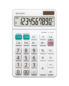 Calcolatrice da tavolo con ampio display LCD a 10 cifre inclinabile, che permette una perfetta leggibilità ed evita fastidiosi riflessi di luce. Design elegante e colore bianco con effetto specchiato. Ottima varietà di funzioni, tra cui calcolo dell'impos