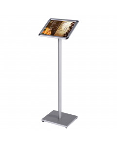 Leggio da terra con stelo in alluminio e base mdf laccata. Completo di cornice a scatto orientabile sia in orizzontale che in verticale. Ideale per presentare menu', schede informative, presentazioni ecc. altezza 110cm