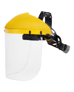 Porta-visiera con protezione frontale + visiera in policarbonato incolore con bordo plastico. 39x20cm. Adatto per lavori con forti proiezioni. Cetgoria DPI: 2. Certificazione CE. Conformità alla norma EN166:2001.