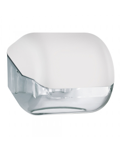 Dispenser carta igienica rotolo o interfogliata (200 fogli), bianco Soft Touch. Fissaggio a muro tramite biadesivo, viti, tasselli. I tasselli sono in otazione. Dimensioni 15x14,8x14cm.