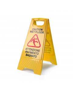 Cartello a cavalletto in plastica antiurto con segnalazione bilingue "pavimento bagnato" - "wet floor". Dimensioni: L30cm x H62cm