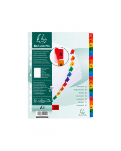Separatori alfabetici (A-Z) in cartoncino bianco da 160 gr. Dotati di 20 tasti colorati, prestampati, plastificati e rinforzati. Indice frontale stampabile. Perforazione universale. Formato esterno: 22,5x29,7 cm.