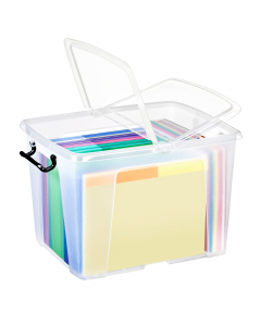 Contenitori multiuso in plastica trasparente ideali per riordinare e archiviare in modo intelligente e pratico. Dotati di maniglie a clip e di coperchio pieghevole per permettere l'accesso al contenuto anche quando fissato sul contenitore. Molto robusti e