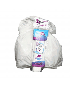 Sacchi pattumiera bagno di colore bianco in MDPE rigenerato + PLT Llineare. Formato 40x50cm 15Lt 16µ con lacci di chiusura. In rotolo da 30 sacchi. Prodotto con alta resistenza meccanica.