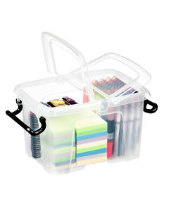 Contenitori multiuso in plastica trasparente ideali per riordinare e archiviare in modo intelligente e pratico. Dotati di maniglie a clip e di coperchio pieghevole per permettere l'accesso al contenuto anche quando fissato sul contenitore. Molto robusti e
