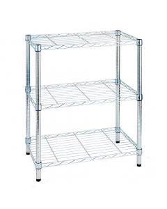 Librerie in acciaio cromato con tubolari diametro 2,54 e piedini regolabili. 3 ripiani - 36x60cm h75cm. Portata max 50kg per ripiano.