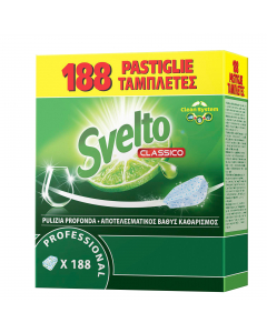 Detergente per lavastoviglie in pastiglie. Specificamente formulato per la rimozione dello sporco più ostinato in qualsiasi condizione di durezza dell’acqua. Ideale sia per l’utilizzo in macchine lavastoviglie professionali, a ciclo breve e lungo, sia per