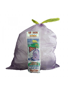 Sacchi pattumiera di colore viola con maniglie prendifacile gialle in MDPE rigenerato + PLT lineare. Formato 55x65cm 44Lt 18µ. In rotolo da 15 sacchi. Prodotto con alta resistenza meccanica. Profumazione lavanda.