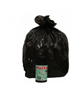 Sacchi pattumiera di colore nero in MDPE rigenerato + PLT lineare. Formato 50x60cm 30Lt 16µ. In rotolo compatto da 20 sacchi con fascetta. Prodotto con alta resistenza meccanica.