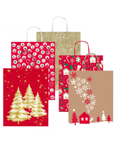 Shopper regalo realizzato in carta kraft bianco con stampe a colori. Dotato di manici in carta ritorta. Assortimento di 5 differente fantasie natalizie.