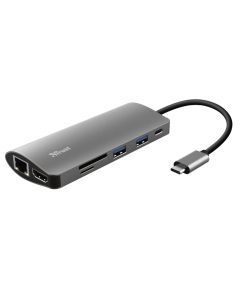 Raffinato adattatore multiporta in alluminio, per aggiungere porte HDMI, di rete, lettore di schede, USB-C e USB al laptop, utilizzando un’unica connessione USB-C. Aggiungi al laptop o al tablet ulteriori porte HDMI, di rete, lettore di schede, USB e USB-