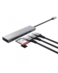 Compatto hub USB a 3 porte in alluminio con lettore di schede (micro) SD e connessione USB-C