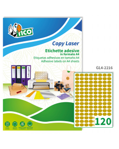 Scatola da 12000 etichette satinate oro ideali da utilizzare per decorare confezioni regalo come chiudi pacco, per personalizzare bomboniere e prodotti artigianali. Per stampe laser, tipografia e offset. Formato etichette 22x16mm. Scatola da 100 fogli (12