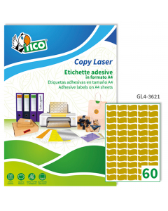 Scatola da 6000 etichette satinate oro ideali da utilizzare per decorare confezioni regalo come chiudi pacco, per personalizzare bomboniere e prodotti artigianali. Per stampe laser, tipografia e offset. Formato etichette 36x21mm. Scatola da 100 fogli (60 
