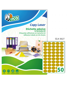 Scatola da 5000 etichette satinate oro ideali da utilizzare per decorare confezioni regalo come chiudi pacco, per personalizzare bomboniere e prodotti artigianali. Per stampe laser, tipografia e offset. Formato etichette 36x27mm. Scatola da 100 fogli (50 