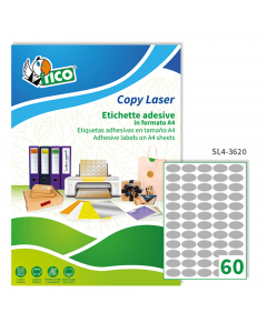 Scatola da 6000 etichette satinate argento ideali da utilizzare per decorare confezioni regalo come chiudi pacco, per personalizzare bomboniere e prodotti artigianali. Per stampe laser, tipografia e offset. Formato etichette 36x20mm. Scatola da 100 fogli 