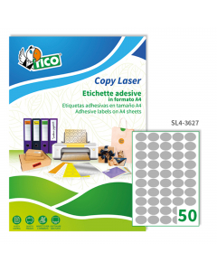 Scatola da 5000 etichette satinate argento ideali da utilizzare per decorare confezioni regalo come chiudi pacco, per personalizzare bomboniere e prodotti artigianali. Per stampe laser, tipografia e offset. Formato etichette 36x27mm. Scatola da 100 fogli 
