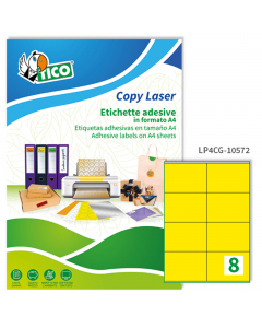 Confezione da 70 fogli di etichette adesive permanente in carta giallo opaca nel formato A4 (210 x 297 mm). Ogni foglio contiene 8 etichette con margini nel formato 105x72mm. Per stampa: Laser, Inkjet e fotocopiatrici. Ideali per adesivi personalizzati, b