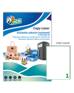 Scatola da 70 fogli di etichette in poliestere bianco adesivo. Etichette adesive permanenti superficie opaca, per stampanti laser bianco e nero. Molto resistenti alle temperature estreme e ai raggi UV, alle sostanze oleose e alla sporco.