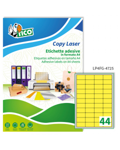 Confezione da 70 fogli nel formato A4 in carta giallo fluo adesiva permanente. Ogni foglio contiene 44 etichette rettangolari con angoli tondi nel formato 47,5x25,5mm. Stampa inkjet, laser e copy. Confezione eco sostenibile in cartoncino prodotto in carta