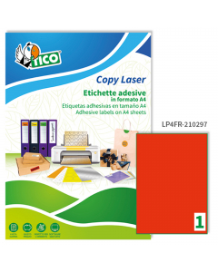 Confezione da 70 fogli nel formato A4 in carta rosso fluo adesiva permanente. Ogni foglio contiene 1 etichette rettangolari  nel formato 210x297mm. Stampa inkjet, laser e copy. Confezione eco sostenibile in cartoncino prodotto in carta riciclata. Etichett