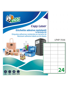 Scatola da 70 fogli di etichette in poliestere bianco adesivo. Etichette adesive permanenti per stampanti laser bianco e nero. Molto resistenti alle temperature estreme e ai raggi UV, alle sostanze oleose e alla sporco.