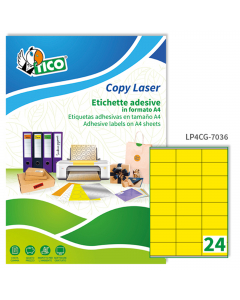 Confezione da 70 fogli di etichette adesive permanente in carta giallo opaca nel formato A4 (210 x 297 mm). Ogni foglio contiene 24 etichette con margini nel formato 70x36mm mm. Per stampa: Laser, Inkjet e fotocopiatrici. Ideali per adesivi personalizzati