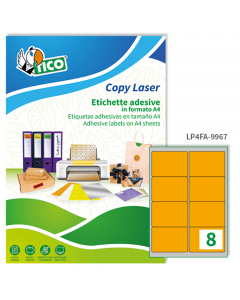Confezione da 70 fogli nel formato A4 in carta arancio fluo adesiva permanente. Ogni foglio contiene 8 etichette rettangolari con angoli tondi nel formato 99,1x67,7mm. Stampa inkjet, laser e copy. Confezione eco sostenibile in cartoncino prodotto in carta