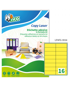 Confezione da 70 fogli nel formato A4 in carta giallo fluo adesiva permanente. Ogni foglio contiene 16 etichette rettangolari con angoli tondi nel formato 99,1x34mm. Stampa inkjet, laser e copy. Confezione eco sostenibile in cartoncino prodotto in carta r