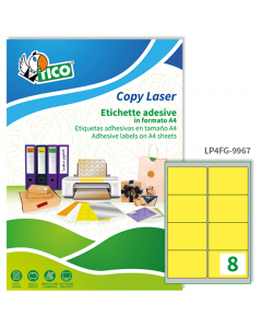 Confezione da 70 fogli nel formato A4 in carta giallo fluo adesiva permanente. Ogni foglio contiene 8 etichette rettangolari con angoli tondi nel formato 99,1x67,7mm. Stampa inkjet, laser e copy. Confezione eco sostenibile in cartoncino prodotto in carta 