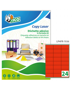 Confezione da 70 fogli nel formato A4 in carta rosso fluo adesiva permanente. Ogni foglio contiene 24 etichette rettangolari  nel formato 70x36mm. Stampa inkjet, laser e copy. Confezione eco sostenibile in cartoncino prodotto in carta riciclata. Etichette