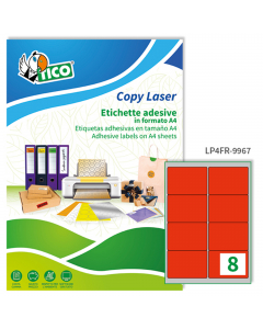 Confezione da 70 fogli nel formato A4 in carta rosso fluo adesiva permanente. Ogni foglio contiene 8 etichette rettangolari con angoli tondi nel formato 99,1x67,7mm Stampa inkjet, laser e copy. Confezione eco sostenibile in cartoncino prodotto in carta ri