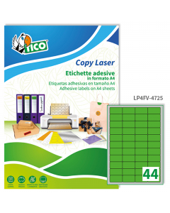 Confezione da 70 fogli nel formato A4 in carta verde fluo adesiva permanente. Ogni foglio contiene 44 etichette rettangolari con angoli tondi nel formato 47,5x5,5mm. Stampa inkjet, laser e copy. Confezione eco sostenibile in cartoncino prodotto in carta r