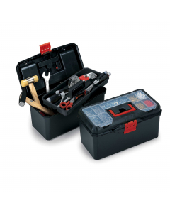 Valigetta portautensili in polipropilene nero con inserti gialli. Vassoio interno estraibile e organizer sul coperchio. Dimensioni: l 400 x p 210 x h 175mm. Peso 0.985kg.