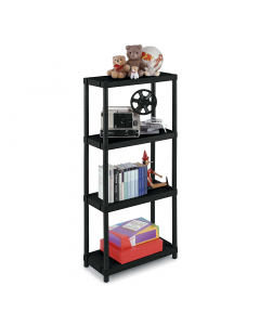 Scaffali modulari in polipropilene a quattro ripiani con montanti, di colore nero. Portata di un ripiano 25kg uniformemente distribuiti, dimensioni: 60x30x132cm.