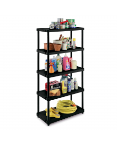 Scaffali modulari in polipropilene a cinque ripiani con montanti, di colore nero. Portata di un ripiano 25kg uniformemente distribuiti, dimensioni: 80x40x173,4cm.