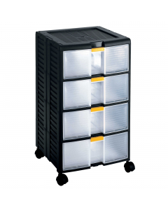 Cassettiera modulare dotata di ruote piroettanti, 4 cassetti di altezza 15 cm, chiusura brevettata Block-Age®.
 Colore: nero/trasparente. Dimensioni: 39,1x39x62,9cm (LxPxH). Materiale: polipropilene con chiusure in ABS. Peso: 5,681kg.